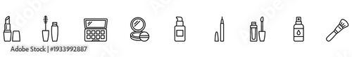 Cosmetic makeup beauty icon outline set lipstick mascara line art banner featuring eyeshadow palette, compact powder, bottle, pencil, spray, and brush for web design