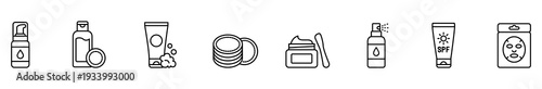 Skincare cosmetic beauty hygiene icon outline set vector featuring cleanser bottle, cream tube, jar, cotton pad, spray, sunscreen, facial mask container for spa packaging design