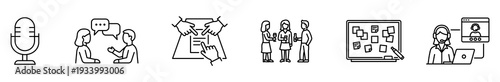 Icon microphone interview conversation document teamwork board support, thin line symbols for business communication, project planning, meeting, help desk service, and media recording