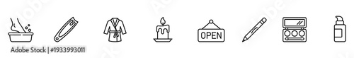 Spa beauty icon line set bath manicure cosmetics collection with bathtub nail clipper robe candle open sign pencil makeup palette lotion bottle minimalist outline for salon banner