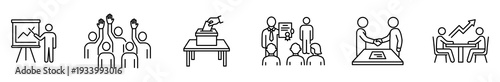 Business meeting presentation training voting election handshake agreement line icon set showing teamwork negotiation seminar ballot award conference table growth chart leadership