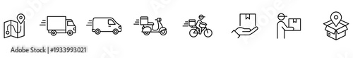 Delivery logistics shipping courier package tracking icon line outline transport set with route map location pin truck van scooter bicycle messenger handoff parcel box on white background