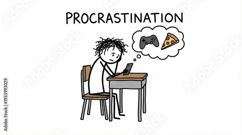 A person sits at a desk, distracted by thoughts of gaming and snacks while working on a laptop, embodying procrastination