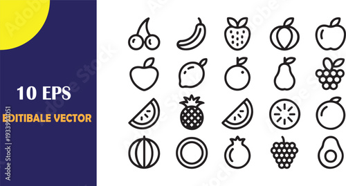 Set of ten editable vector icons featuring various fresh fruits, grapes, banana, strawberry,  isolated on transparent background