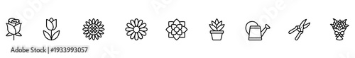 Flower rose tulip sunflower daisy lotus plant pot line icon set with watering can, pruner, bouquet, simple black outline for gardening, spring, cheerful design on white