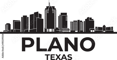 Modern Plano Texas city skyline in dark blue silhouette