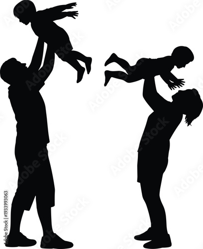 Black silhouette of a mother and father joyfully lifting their young children for parenthood family bonding early childhood development and unconditional love lifestyle concepts.