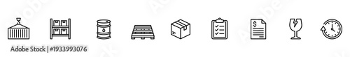 Logistics warehouse inventory shipment pallet box checklist document outline line icon group showing storage building bunk bed barrel invoice fragile glass clipboard clock delivery