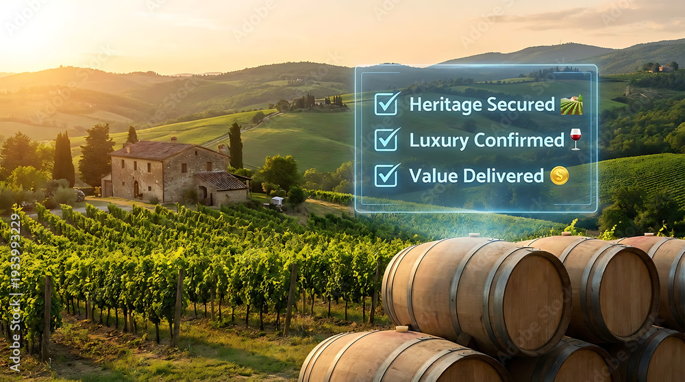 Obraz premium Expansive tuscan vineyard estate bathed in golden sunset light showcasing rows of lush green grapevines rustic wooden wine barrels stacked in the foreground and a grand stone