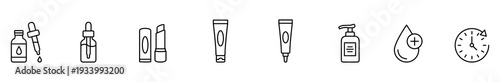 Skincare cosmetic icon outline vector bottle dropper tube set showing serum, lotion, lipstick, pump dispenser, hydration symbol, and renewal clock for minimal beauty routine and packaging design