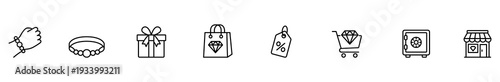 Jewelry icon outline shopping gift discount cart store minimalist line symbol for accessory retail, ecommerce sale promotion, security safe, boutique storefront, black and white design
