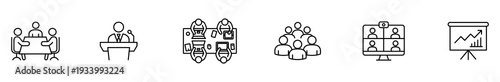 Business meeting conference teamwork presentation webinar collaboration icon line art showing office discussion, speaker podium, virtual video call, analytics chart, corporate training