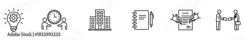 Business icon outline monochrome line lightbulb clock building contract handshake vector banner for minimalist office infographic, presentation, report, communication, negotiation,