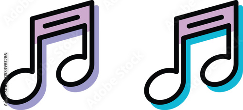 Music Note Icon Set in Purple and Cyan, Bold Outline Vector Symbols
