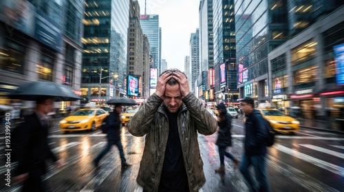 Overwhelmed individual in blurred crowd showing stress and panic anxiety concept. A man feels overwhelmed by urban chaos in a busy city street.