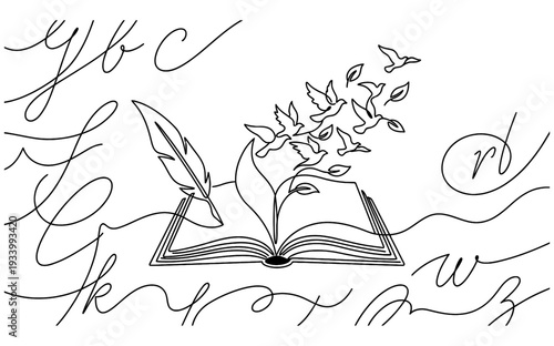 Literary Knowledge Monoline Background with Open Book and Quill