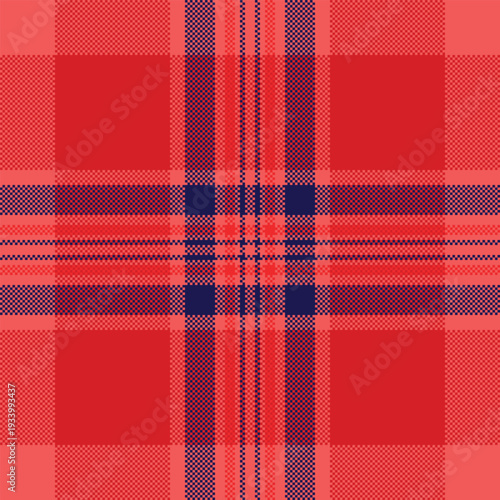 Tiny texture background check, mockup pattern seamless tartan. Canvas plaid textile fabric vector in red and blue colors.