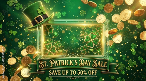 St. Patrick's Day Sale Banner Template with Shamrocks, Gold Coins Save Up to 50% Off
