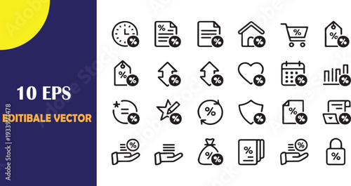 Collection of flat design icons representing money, coin, hand, palm, holding, business concepts with percentage symbols