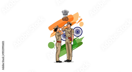 Illustration of two Indian security forces in uniform with a symbol and 3D art elements on CISF Raising Day with a background of Indian flag colors