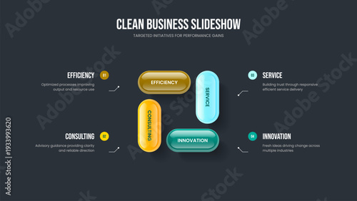 Financial Showcase 4 Step Diagram Presentation Design. Corporate Portfolio Slideshow Layout Vector Illustration. Digital Launch Four Option Infographic Frame Template.