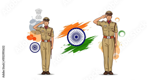 Illustration of Indian security forces in uniform saluting with a vibrant background of the Indian flag and CISF Raising Day celebration elements