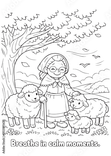 coloring book grandma patiently tending clothes or wool, letting time do its work