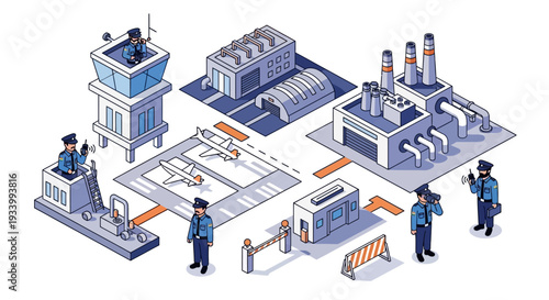Isometric illustration of Indian CISF security forces in a teamwork and business setting with technology and industrial elements on a white background