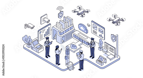 Isometric illustration of a team collaborating with technology and security elements on a CISF Raising Day poster design with a blue and white color scheme