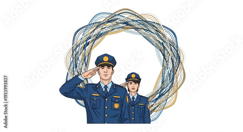 Illustration of two Indian security forces in blue uniform saluting with a colorful circular design, symbolizing CISF Raising Day and appreciation for their service