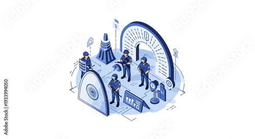 A 3D illustration design featuring a group of Indian security forces in a blue-toned graphic, celebrating CISF Raising Day with a symbol of teamwork and success