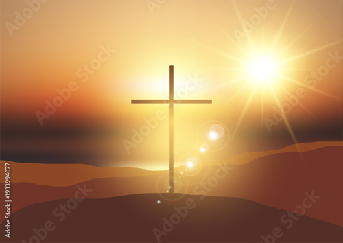 Good Friday background with cross in sunset landscape 