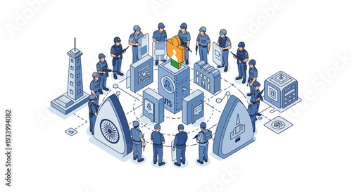 Illustration of people in blue uniforms and helmets standing around various 3D business and technology symbols on a white background with a CISF Raising Day theme