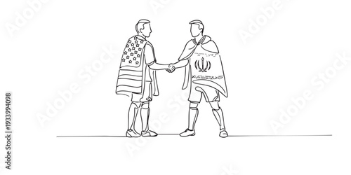 One line drawing of two soccer players shaking hands draped in national flags. Hand drawn continuous line expressing respect, unity, rivalry, and sportsmanship.