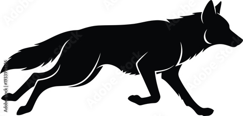 Stylized black silhouette illustration of a wild wolf trotting or walking isolated on a clean white background