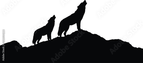 Black silhouette illustration of two wild wolves howling together on a rocky hill against a white background