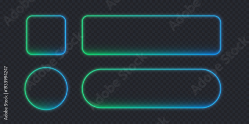 Neon button frame with oval, square and rectangle shapes isolated on black bg, Glow blue green gradient for casino or mobile games. Neon pill mockup for online shop, outline call action banner.