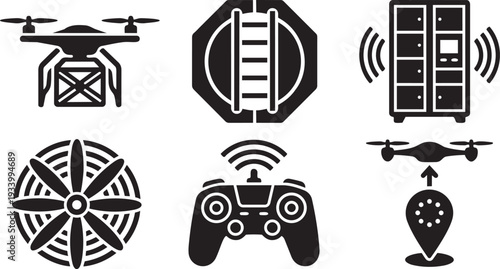 Drone Logistics, Last-Mile Delivery and Automated UAV Shipping Systems Utility Stencil Icon Set Vector Illustration