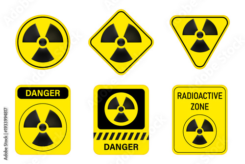 Set of radioactive signs. Warning signs. Hazardous material signs. Radiation hazard and nuclear warning symbols. GHS symbol.