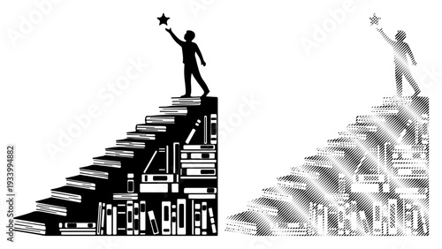 Silhouette of a person reaching for a star atop a staircase made of books, symbolizing achievement and knowledge.