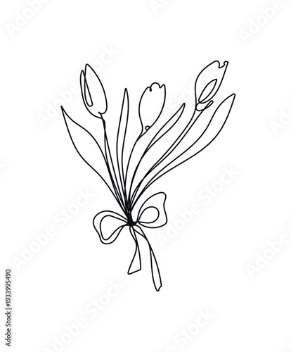 Mother's Day tulip line art with flowing continuous drawing. Elegant floral bouquet outline illustration perfect for greeting cards, posters, gifts for moms. Isolated doodle vector illustration.