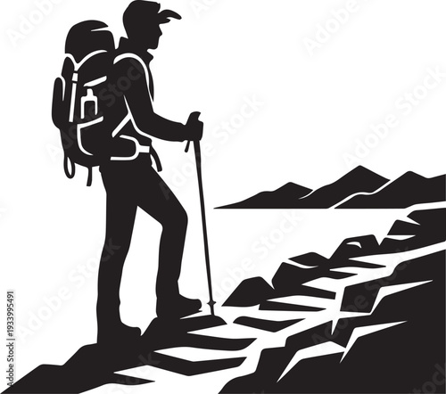 Bold Weekend Hiker Trekking Silhouettes with Backpack on Incline