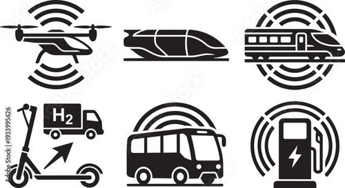 Future Mobility, Advanced Transportation and Smart Urban Transit Aerodynamic Icon Set Vector Illustration