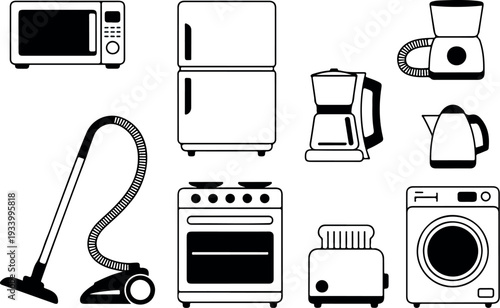 Minimalist line art icons representing household appliances including a refrigerator, microwave, washing machine, stove, vacuum cleaner, and coffee maker