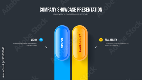 Product Launch Presentation Design Vector Illustration. Financial Strategy 2 Step Diagram Slide Layout. Professional Forecast Two Element Infographic Slideshow Template.