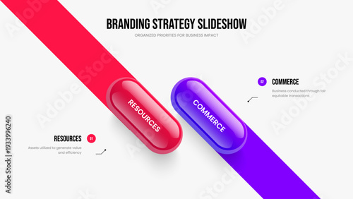 Enterprise Solution Two Option Diagram Slideshow Template. Company Visualization 2 Step Infographic Frame Design. Creative Portfolio Slide Layout Vector Illustration.