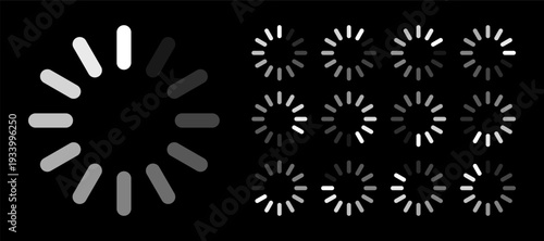 Minimalist circular loading buffering icon set with rounded bar progress status for digital UI UX dark mode interface design.