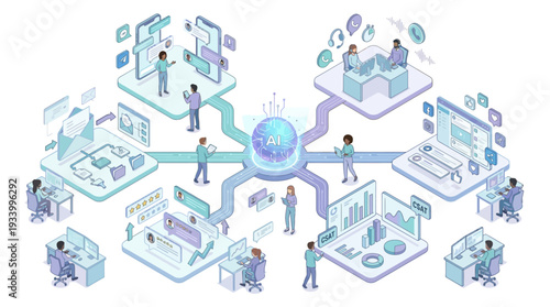 AI-Powered Customer Service Isometric: Chatbots, Automation & Support Teams