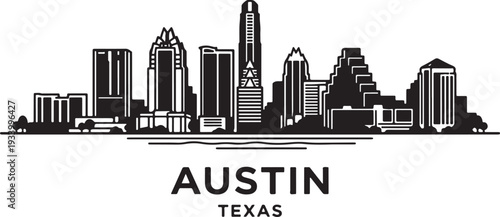 Modern Austin Texas city skyline in black and white