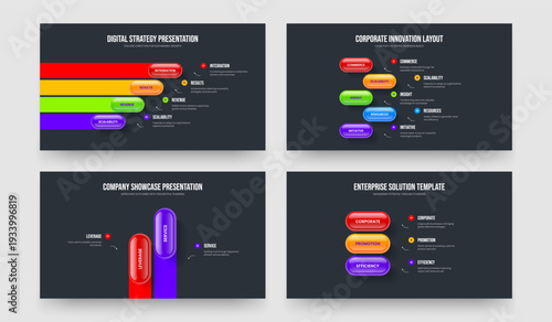 Financial Review 4 5 2 3 Step Diagram Slide Design Set. Service Analysis Four Five Two Three Element Infographic Presentation Template Vector Illustration Collection.